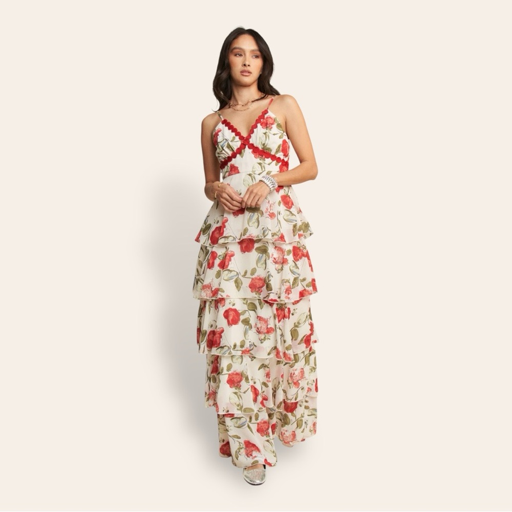 Davi & Dani Contrast Ring Lace Layered Ruffle Maxi Cami Dress